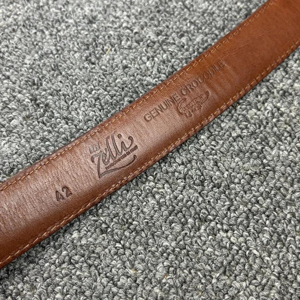 Zelli Genuine Crocodile Belt Mens 42 Brown Exotic Leather Solid Brass Buckle USA
